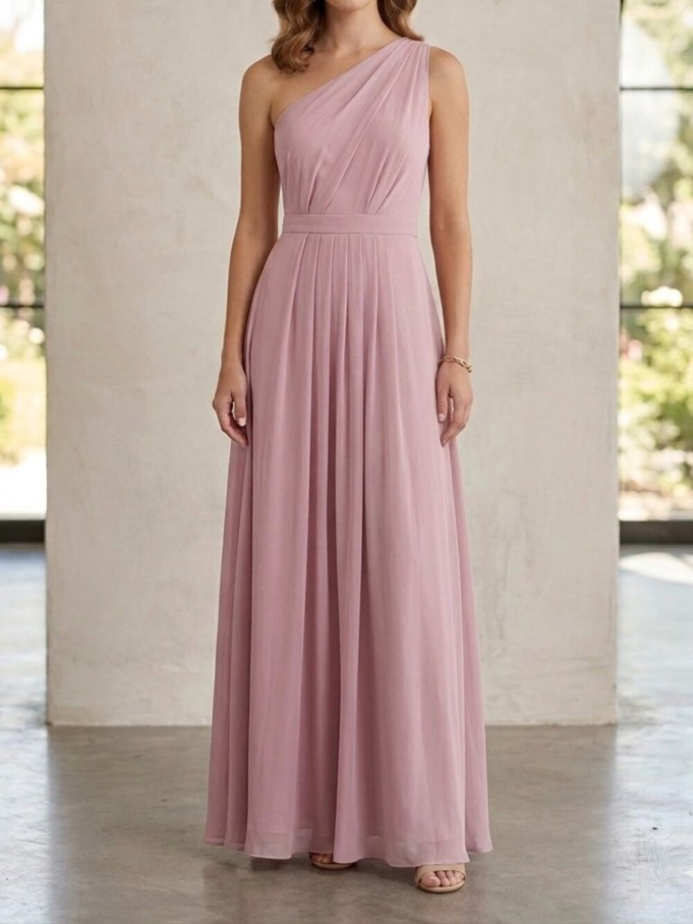 David's Bridal One Shoulder Dusty Rose Chiffon Maxi Gown Size 2 Luxury Chic